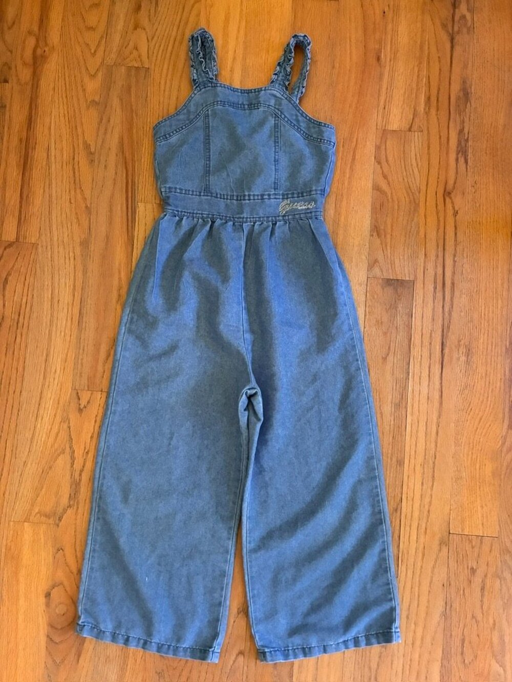Guess Kids Girls Blue Chambray Wide Leg Rhinestone Logo Jumpsuit Medium (10/12)